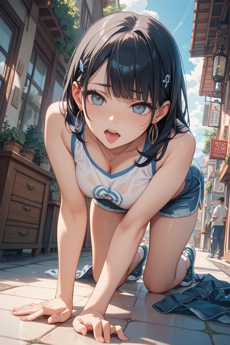 top-quality、Full limbs、complete fingers、1girl in、((one beautiful women、独奏))、Beautiful Large Breasts、Medium Hair、poneyTail、A dark-haired、(White gym uniform that covers the upper body)、((dark blue high leg spats))、schools、School grounds、school buildings、sports ground、Naughty Poses、A big smile、Kneeling