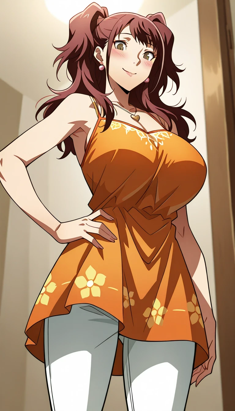 (masterwork, masterpiece, best quality, hyper-detailed),
1 girl, solo,
p4rise, kujikawa rise, twintails, long hair, brown hair, earrings
p4rise-sumcas, heart necklace, pendant, dress, short dress, orange dress, halterneck, spaghetti straps, flower print, pants, capri pants, white pants,
standing, cowboy shot, looking down. The perspective is a low-angle shot from the ground, making her appear towering over city buildings. The background features the buildings are modern high-rise structures. ,happy smile,gigantic breasts,underboobs,shy,hand on hips,blush,Rise as giantess