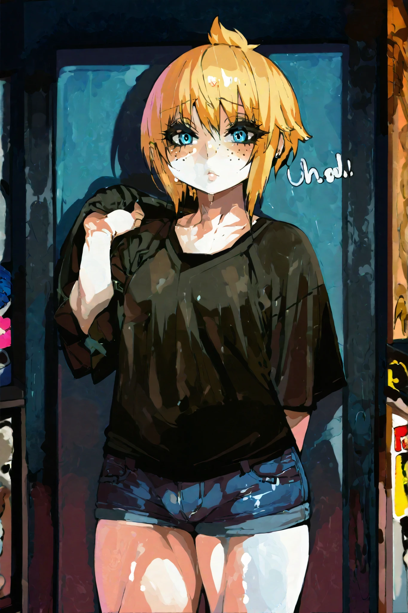 A femboy boy, fofo, with a sexy and chubby body, he has blond hair up to his neck with bangs, blue eyes with black eyelashes imitating an eyeliner, pink white skin with freckles on his face, he wears a long black shirt with a band, A short denim shorts, making a provocative facial expression, sexy and cute
