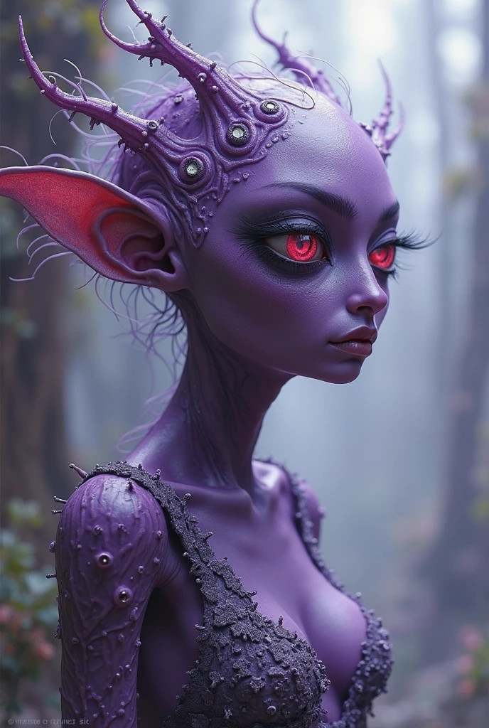 one girl, elf ears, , pure, cute naked, topless, a Woman alien mix, human Body, big tits, shed skin, alien nose but the Rest of the face ist human, (((whiskers))) big eyes, full black eyes, hybride 10 % Cat 50 %alien and 40 % human, face mostly woman, shed kin at Body Arms and shoulders and neck, tits are human , nipples , full black Iris, slender No clothes,snake shed skin, dark purple skin, pink Hair, mohawk, fat lips, bimbo lips, Latex harness, tail, fangs