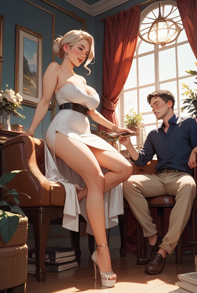 A young couple is romancing inside a vintage house. The woman is wearing a sexy short dress and has big hips. It is evening.