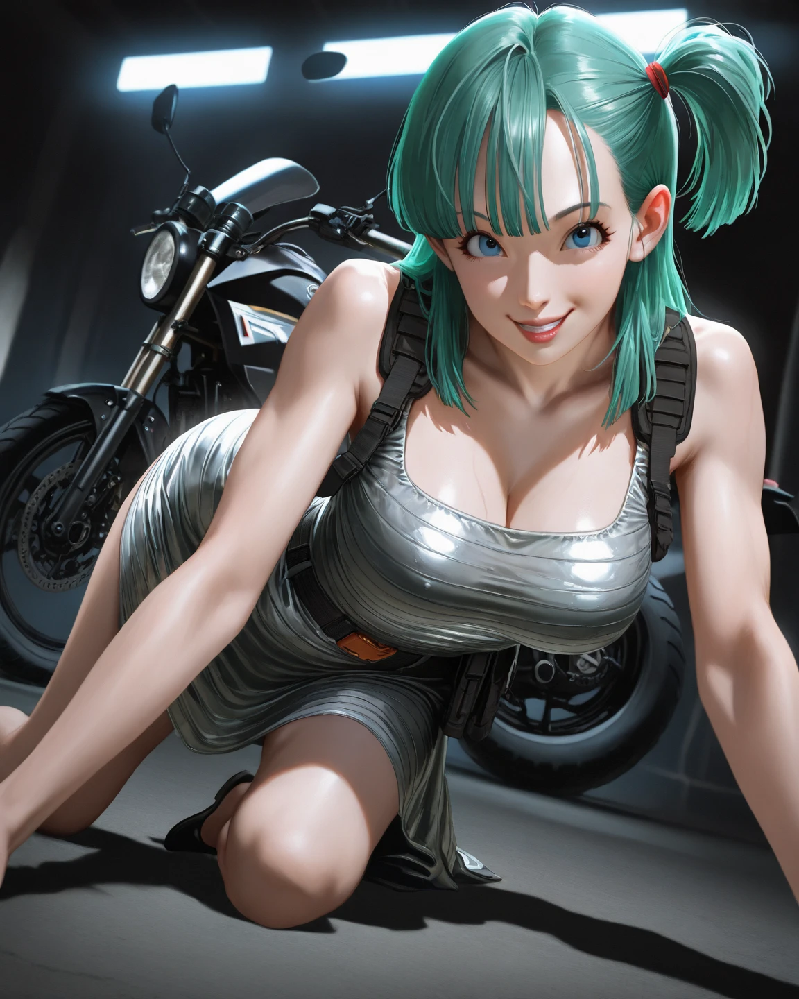 Bulma from dragon ball, ultra realistic, big naked breasts, top off, naked top, mini tight short jean, large waist, full bosysit on a capsule corp motobike, look at camera, provocative smile, envy look