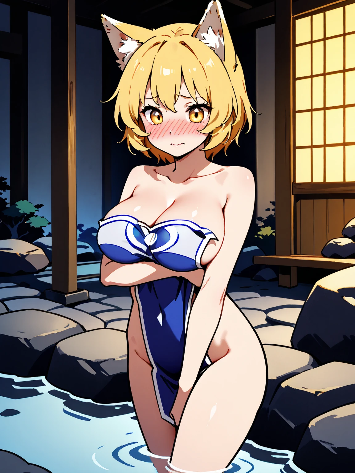 1girl, nsfw, houjousatoko, short hair, blonde hair, purple eyes ,hairband, , smile , large breasts, nipple, Running, ,, Heavy snowfall area frozen wet mountain Alone, , Naked, solo, 1girl, amusement park ,