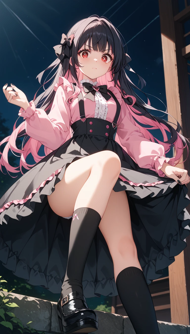 ((masterpiece、Highest quality、Very detailed))、One Girl、Black Hair、Medium Hair、twintails、blunt bangs、Pink eyes、evil smile、((Grin))、Earrings、Large Breasts、((Pink frilly outfit))、Long sleeve、((Black pleated skirt))、((black thighhighs))、Leather shoes、((sitting knees up:1.3))、((open legs:1.2))、((black panties))、Shoot from below、Bedroom Background