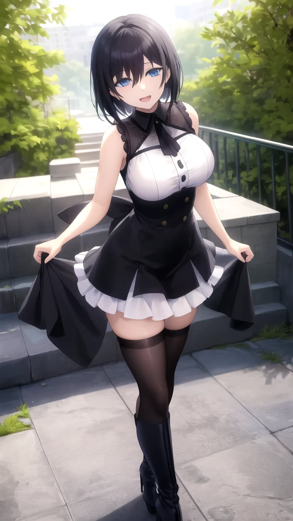 solo cute girl standing ,very long legs, short torso, black thighhighs, open legs, tiptoe, high-waist skirt, frilled white off-shoulder shirts with shoulder straps, huge breasts, cleavage, thin waist, (nose blush, smile for viewer:1.2), BREAK, (masterpiece, best quality, ultra-detailed:1.3)