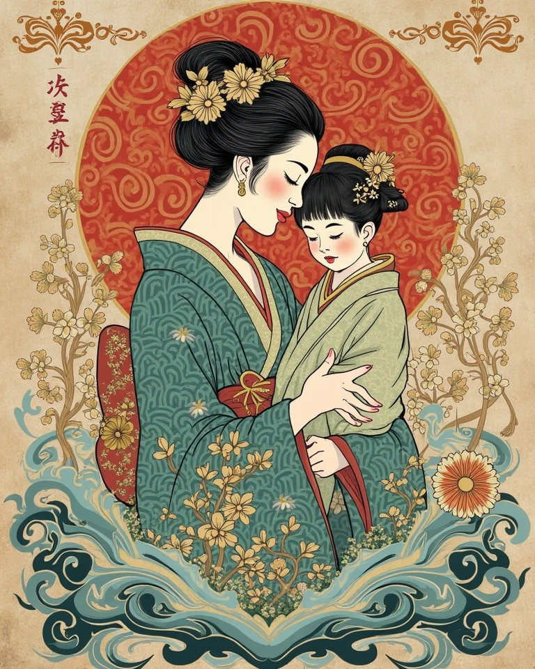 a mother giving a flower to a young child, wood block print, Art Nouveau Style, katsushikahokusai, <lora:KatsushikaHokusai:0.5> <lora:Nouveau_last:1>