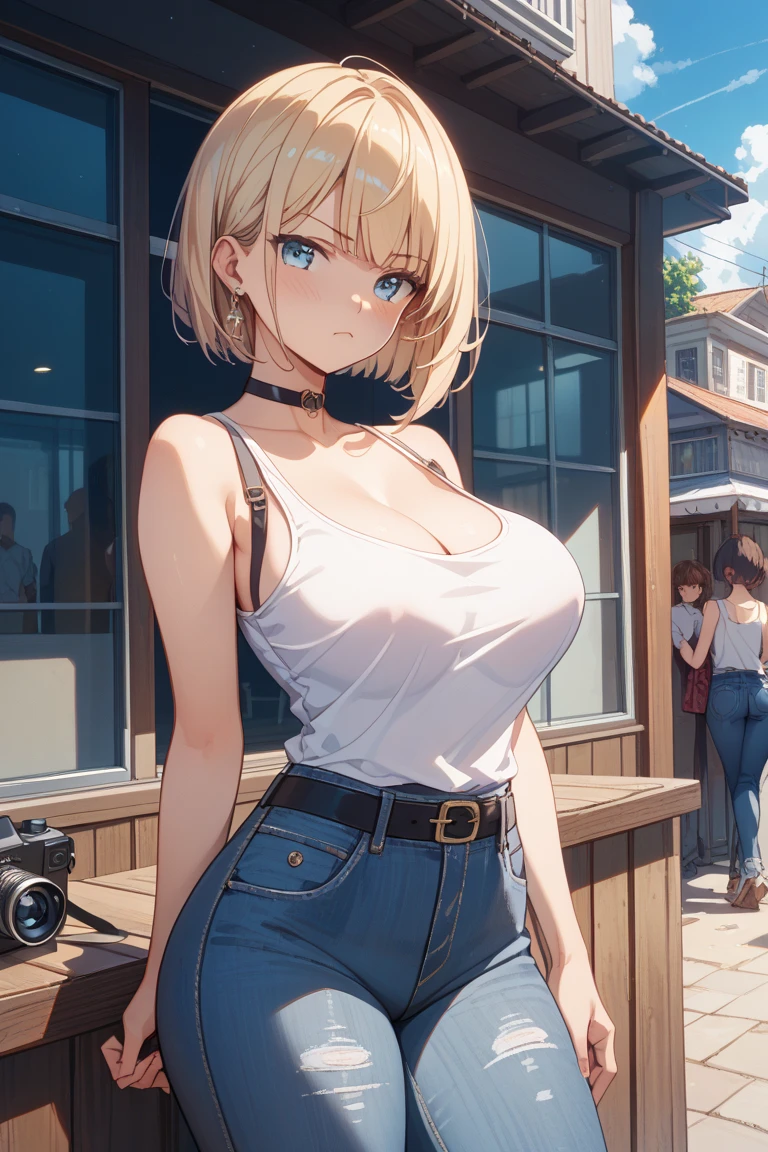 2D Anime Style、Blue eyes、Beautiful shining eyes, (Talented lo-fi:1.3),breasts are slightly larger、high and beautiful nose,Beautiful face with slender contours,A cool adult woman with short blonde hair and a serious expression looking up....................、Fashion that shows cleavage, He is wearing a disheveled long-sleeved shirt and shorts。。。。。。..,walking down the streets of america,