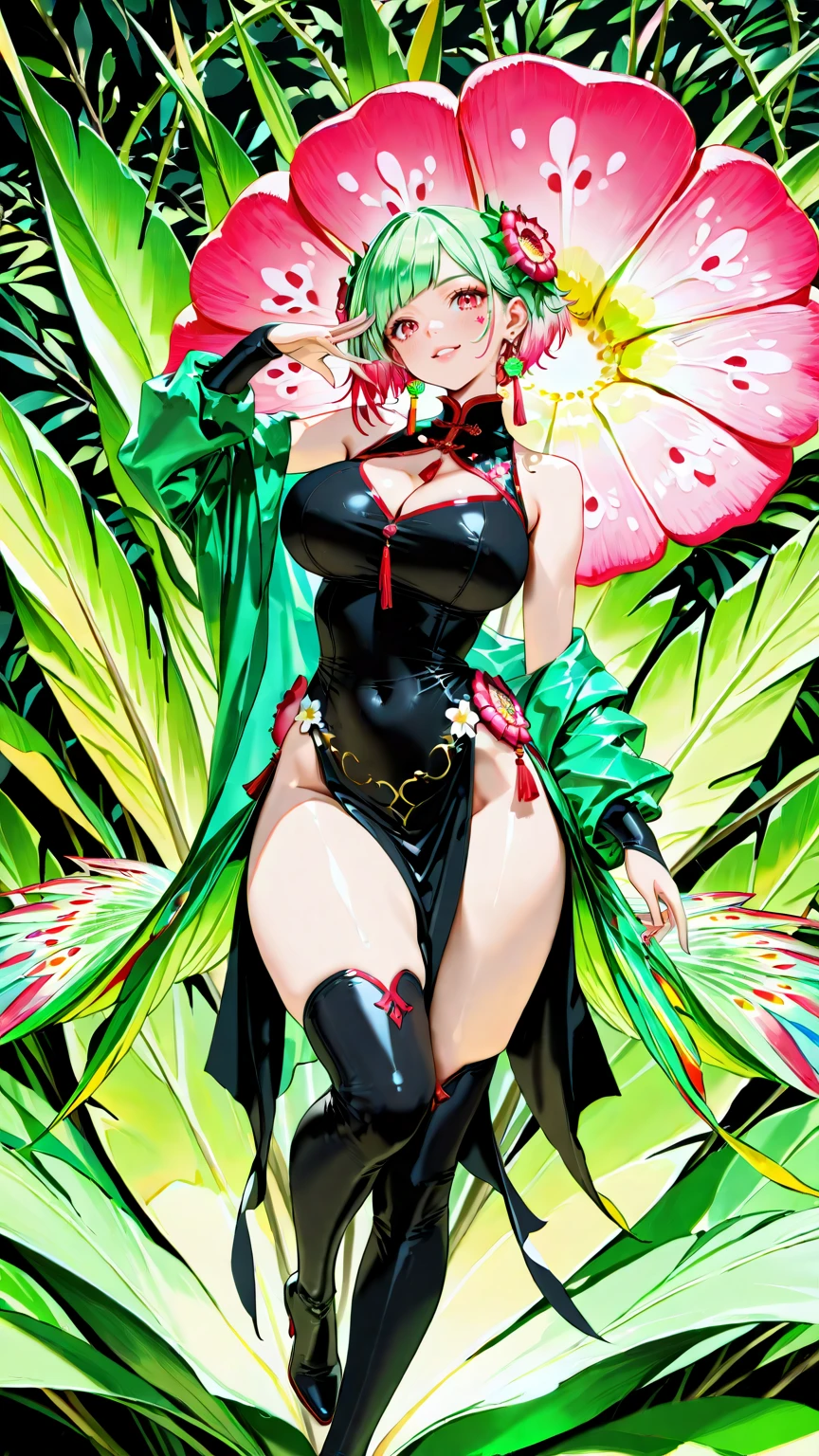 masterpiece, absurdres, maki zenin, 1girl, solo, smiling, mature female, looking at viewelling petals), perfect composition, detailed lips, big breast, beautiful face, body proportion, blush, (pink lips), short green hair, one eye covering, soft gaze, super realistic, detailed, photoshoot, realistic face and body, full body picture, 16k, high heels, standing,
