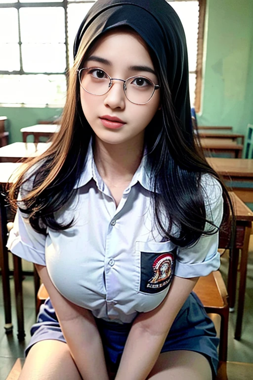 8k, RAW photo, Fujifilm, film granulation, 35mm, cute style, beautiful 18yo schoolgirls,shirt uniform, lifting her skirt up, showing her panties,white panties,cameltoe,detailed crotch,detailed panties,Big breast,classroom,aroused expression,smile, eyeglasses, headband,long black hair