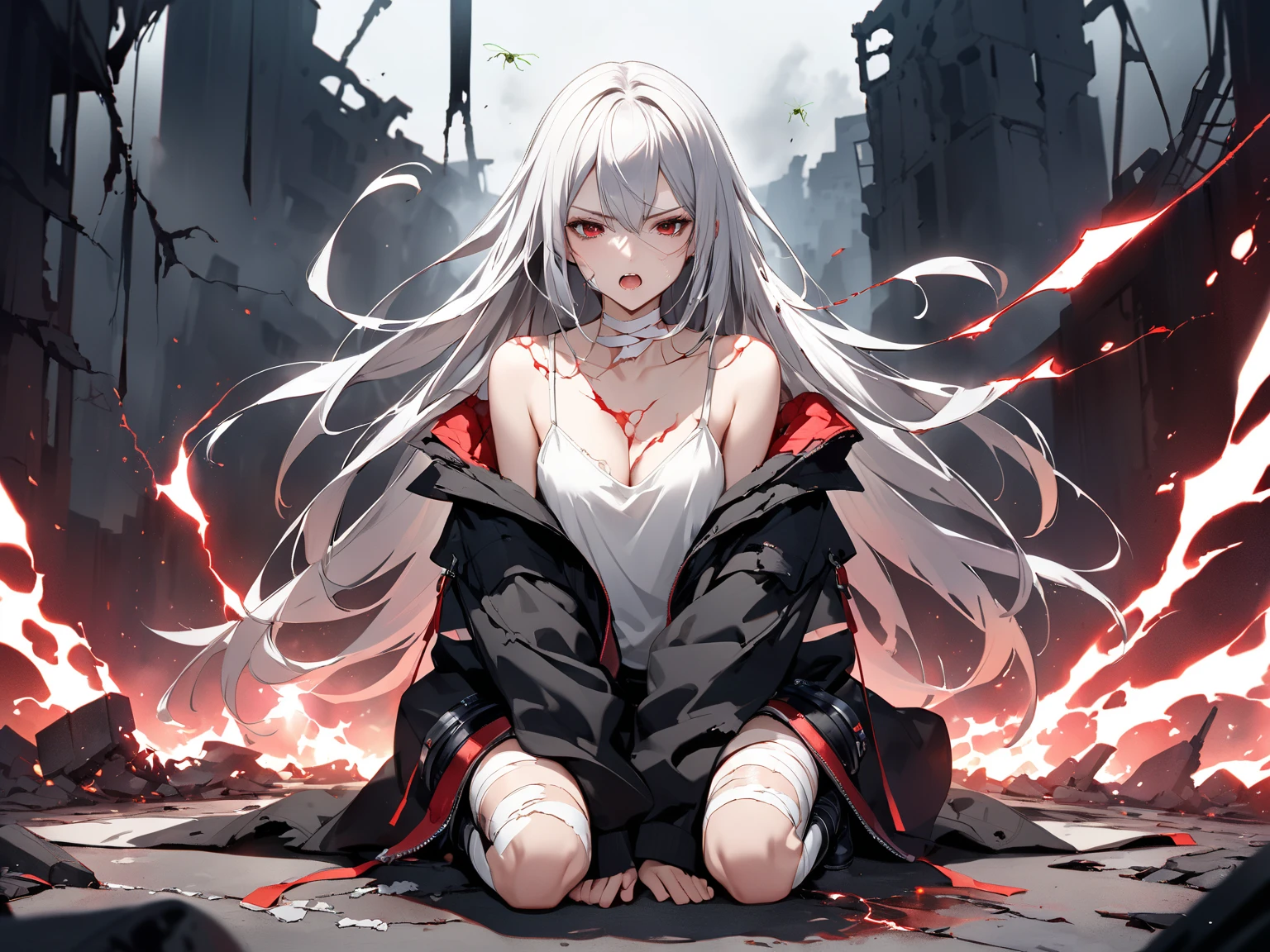 (Highest image quality),(tmasterpiece),(Beautiful CG),(((detailed face depiction)),(4men,All female teammates died,Only his own heroic and tenacious resistance remained)full body Esbian, 8K,Super masterpiece,illustratio,hair messy, (Carefully portray the eyes),full body Esbian(Carefully depict the body),raging fire,female pervert,Swat,Thrown by the enemy in the wasteland,Hurtful expression,Knee protectors,Silver hair,Long whit hair,G Cover,Black combat uniform,Black combat pants,bulletproof vest,Tactical Headset,Tactical Training Boots,Blood-stained hair,Knee protectors,bracers,Ankle pads,Elbow Pads,Blood in the corners of the mouth,The right shoe is frayed,Socks are also broken,The leg is bruised,The legs were covered with bloody bandages,He was slashed 14 times in the left thigh,A bullet pierced the right thigh,Right calf gunshot wound,Fractures of both legs,Tear of ligaments in the left shoulder,Insert into the back with a knife,Shot 8 times in the back(Save scratches with machete)(Blood is rendered on a large area of the wound)Look straight into the camera,Covered in blood!!!Bloods!Bloods!Bloods!Bloods!)brave,Stabbing in the stomach with four bayonets、Pushed back,pure、I fired 9 shots in a row in the stomach, (Save all blemishes,Broken,stained with blood,Look straight into the camera,Covered in blood!!!Bloods!Bloods!Bloods!Bloods!Look straight into the camera,Covered in blood!!!Bloods!Bloods!Bloods!Bloods!Look straight into the camera,Covered in blood!!!Bloods!Bloods!Bloods!Bloods!- A blood bandage is tied to the wound)Battle Damage,defeat,Beaten head broke blood flow,The whole body was covered with blood stains drawn by a whip!Bloods!Bloods!Bloods!Bloods!Covered in blood!Covered in blood!Covered in blood!Sit in the snow,put your back against the wall,Blood in the ground
