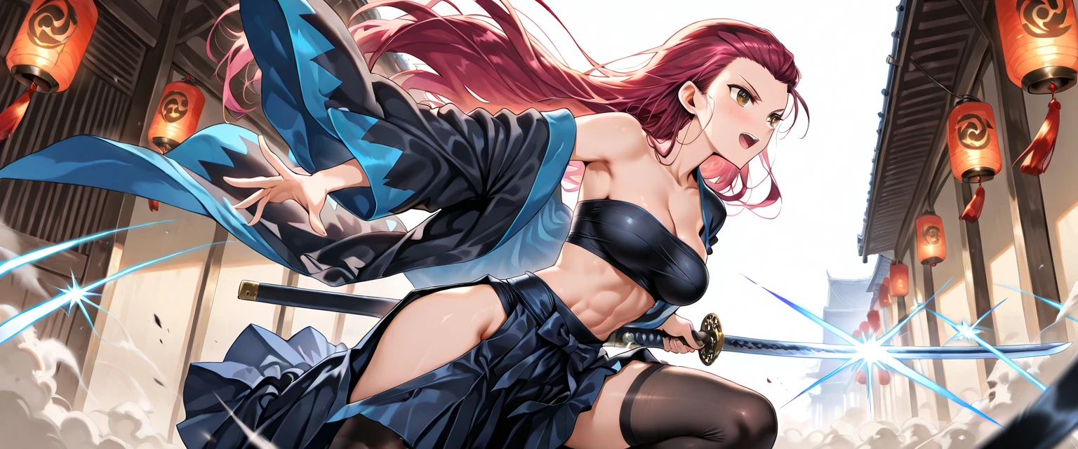 anime girl with red hair and purple bra top holding a pair of scissors, gainax anime style, female action anime girl, guilty gear art style, rogue anime girl, erza scarlet as a real person, epic anime style, advanced digital anime art ”, kurisu makise, portrait ninja gaiden girl, cyborg merchant girl, unsheathing her katana
