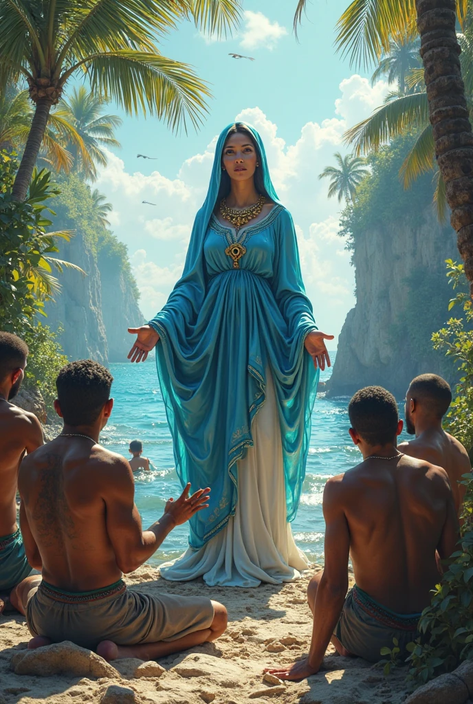 The flooded people of Kerala standing in rain for the help, indian flag on the top of the mountain, mother mary cover everyone with the udayada