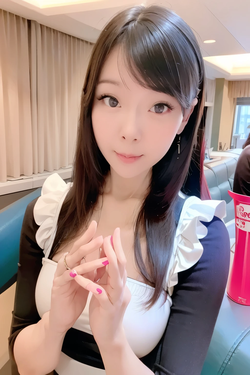 japanese girl, 20-year-old, dark makeup, detailed face, long hair, black hair, beautiful eyes, realistic, close up face, smile, sexy pose, Wearing pink rubber tights, long sleeve, rubber gloves, 8K, cinematic, sexy girl　nsfw