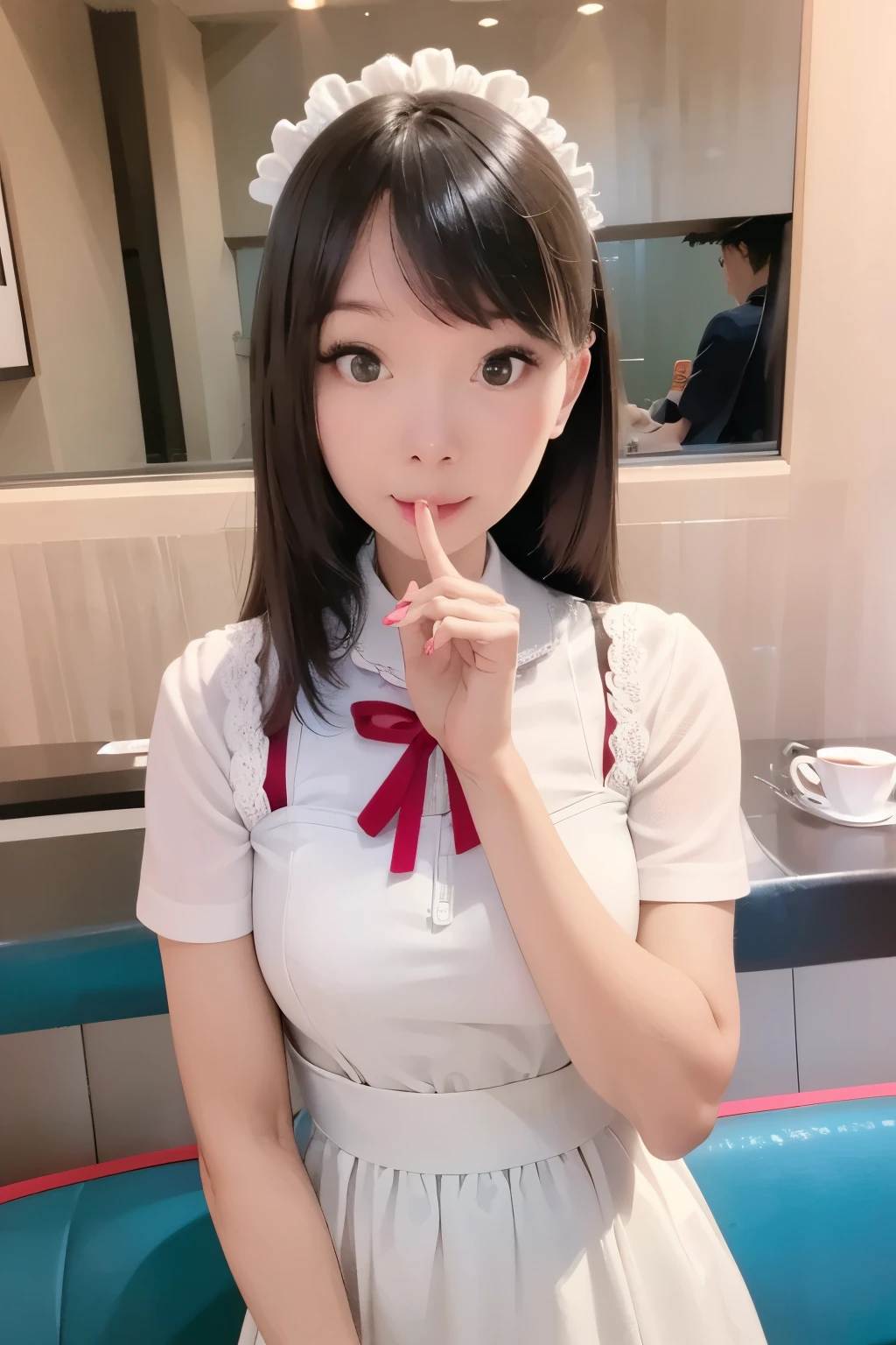 (top-quality、8K、32K、​masterpiece、nffsw:1.2)、Photo of cute Japanese 25 year old woman licking a man&#39;s penis、女の子 1 人、(Medium short dark brown hair)、(Colossal tits)、二重まぶた、White nurse uniform、White shirt、open-shirt、hospitals、Hospital Room、The upper part of the body、A sexy、oppai、no-bra、Pink nipples、