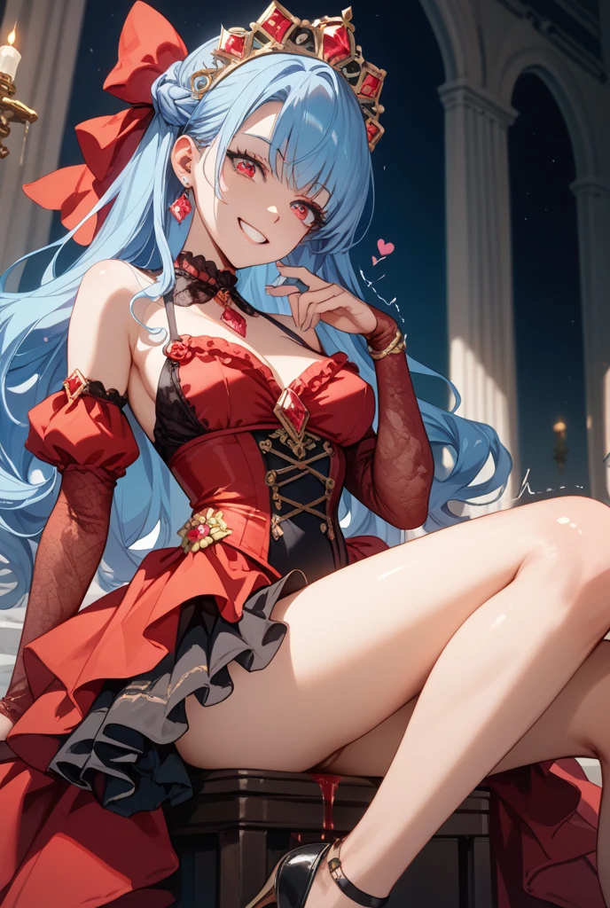 (masterpiece, best quality),best quality, (ultra-detailed), (4heads:1.4), 1girl, (remilia scarlet :1.3), masterpiece, best quality, white top, crop top, ((stomach)), midriff, ((groin)), white skirt, normal ears, shackles, blue hair, very long hair, wavy hair, sidelocks, red eyes, parted lips, single horn, sweat, cute, toned belly, hand on own chest, eyelashes, (22 year old woman:1.3), (masterpiece:1.4), (best quality:1.4), (beautiful detailed extremely detailed CG, extremely delicate and beautiful, depth of field, (finely detailed face), (perfect details:1.0), (mature female:1.3), wide pelvis, slender, large veiny breast, 8k resolution, high quality, high definition, extremely detailed, masterpiece, best quality, blue hair, long hair, alluring presence, braid, short skirt, close up, big tits, young, small red bow, mobcap,