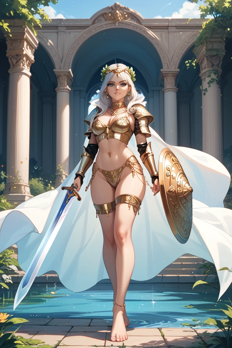 ((Best Quality)), ((detailed)), ((masterpiece)), (Amazing), charming, (extraordinary), elegant, warrior, beautiful face, strong form, ornate detailed mini body armor, sexy armor, revealing armor, sexy costumes , holding a golden sword and shield, high leather boots, Full body photo, action pose, digital artwork, Digital masterpiece, Digital paint, Ethereal lighting, transcendent atmosphere, sleep light, magical lighting, f/2.8, magnifiers, Fast lens