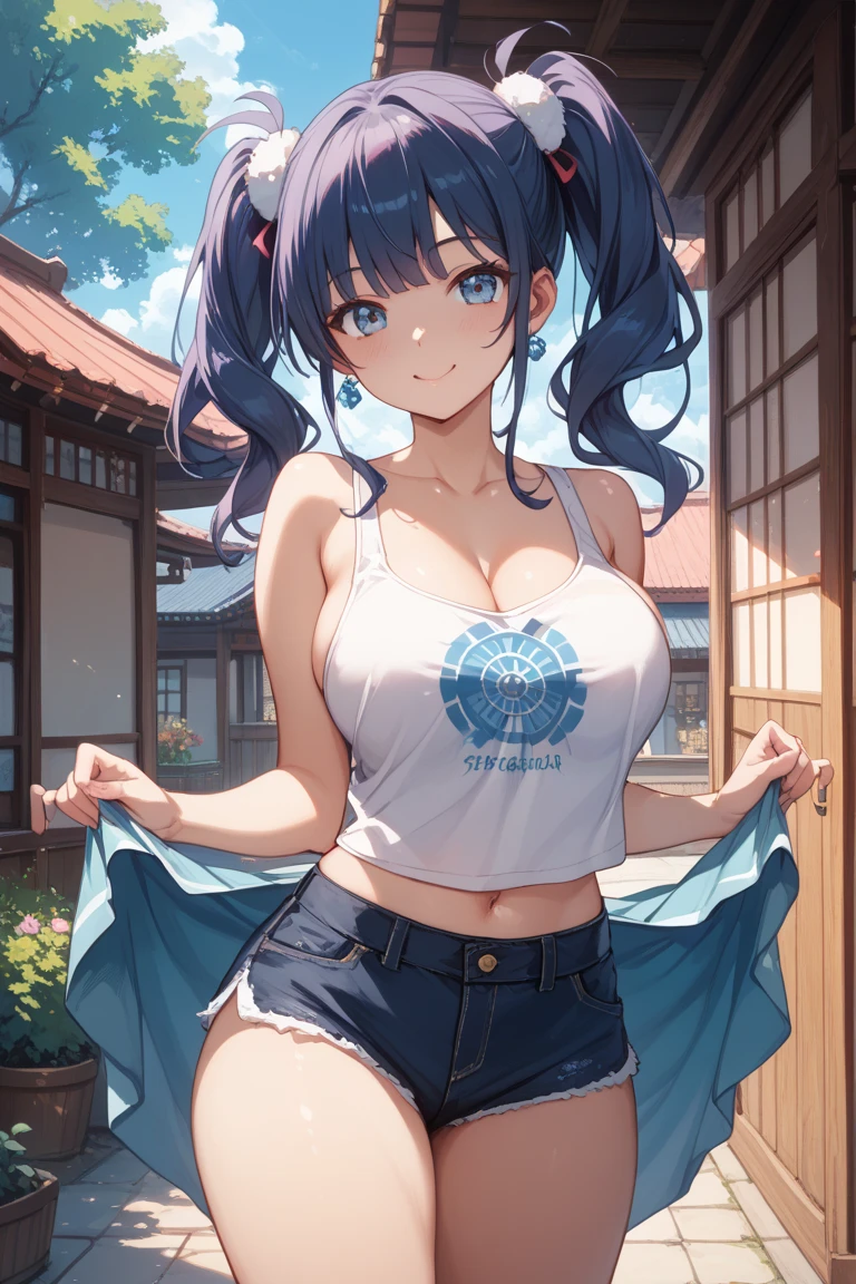 In underwear、Blue Bra、Blue Panties、Panties in full view、In underwear、 1girl,   utsumiericeFA,long sleeves, bare shoulders, jewelry, puffy sleeves, necklace,, streaked hair,  blue ribbon, puffy long sleeves,magatama,