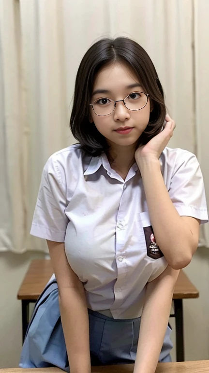 ((medium breast, 15 year old girl, small head)),  ((15)) daylight, sunlight, (perfect body : 1.1), (young), (short wavy hair:1.2), full body shot, (girl wearing school uniform:1.4, pleated skirt, button up shirt), ((school uniform)), (extremely detailed CG 8k wallpaper), (an extremely delicate and beautiful), (masterpiece), (best quality:1.0), (ultra highres:1.0),  beautiful lighting ,perfect lightning, realistic shadows, [highres], detailed skin, ultra-detailed, ((spread legs)),  (legs up), slim body) bent over, large earring, thighs, (beautiful long hair),, fine collarbone, soft navel, soft midriff, soft back, angle from above, sweaty, beautiful breasts, blush, photorealistic, realistic face, realistic eyes, small eyes, smirk (((colorful))) (((cleavage))), (freckles), (eye liner), (mascara), ((thick white liquid on body)),((spreading thighs)), ((((thick white liquid dripping from body)))), ((hands on thighs)), (((stick between breasts)))