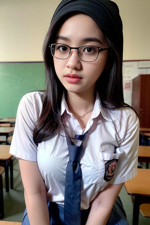 Sweet young Indonesian jakarta junior high school girl, sweet georgeus face, 14 years old, slim body, long slim legs, descent from minang, she has short lady Di's hairs style, round big briliant eyes, long eyelashes, nubian type beautiful nose, sexy red bold lips, wearing black sport shoes and short white socks, wearing glasses, wearing white buttoned shirt, wearing blue ripled skirt, siting cheerful straddeled spreading wide legs in classroom, wearing white lace panty exposed,