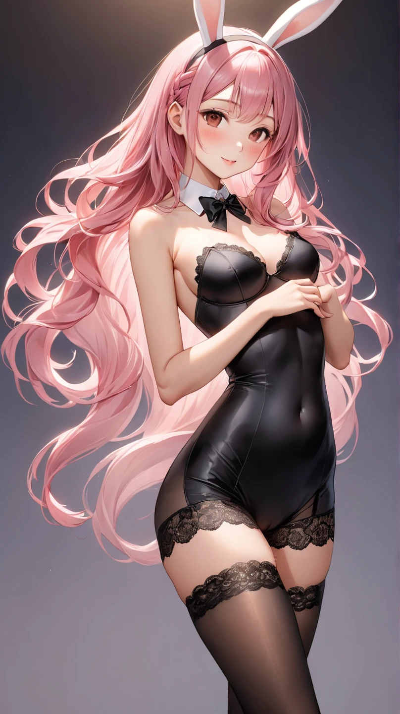 1girl,Sexy pretty girl, blonde hair, pastel red eyes,curly hair,dog ear, heart,ribbon,sexy bunny girl Fishnet tights, steam,smile、pink background,