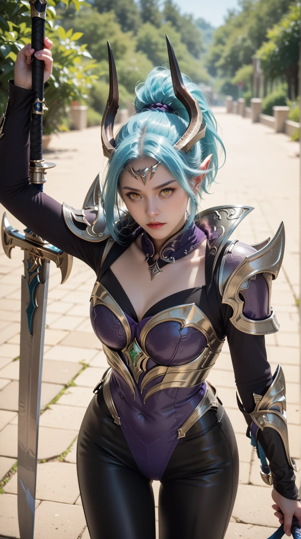 Elf with purple flowing hair brown eyes with crazy eyes. Belligerent with a sword in closed armor Heterochromia Closed clothing in the dungeon in a cloak Confident