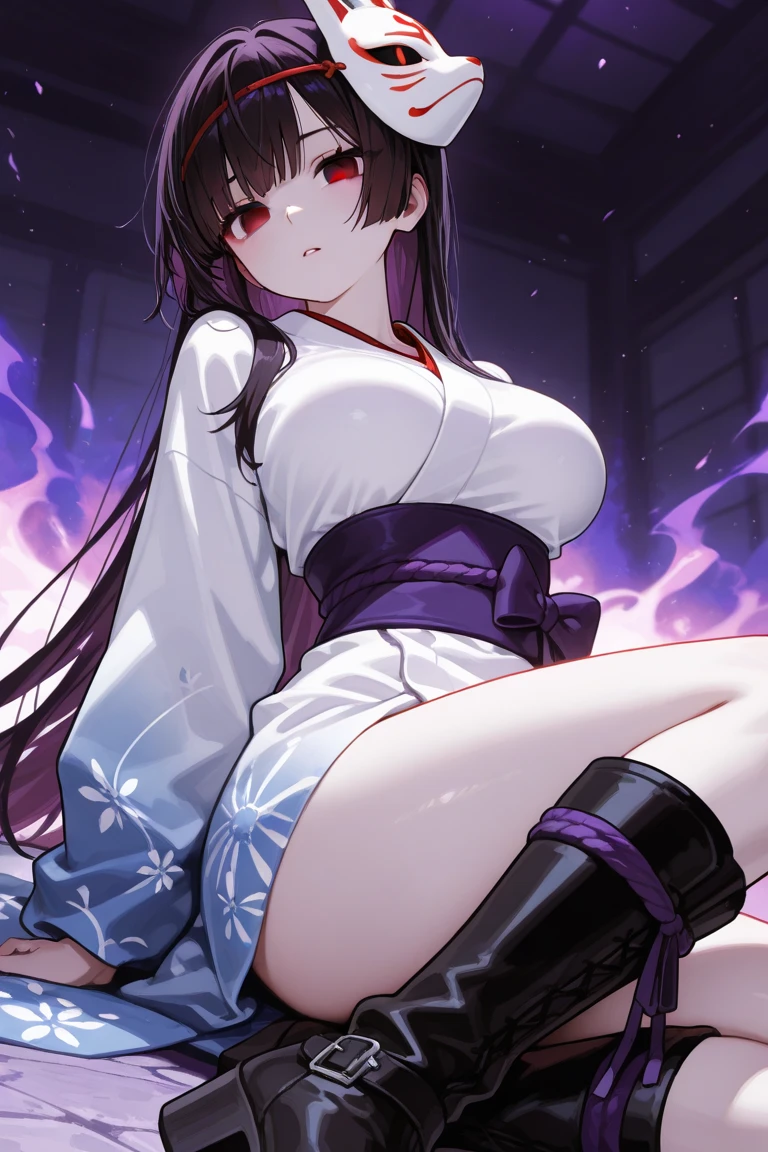 (Perfect Anatomy)、Mastepiece、Ultra High Quality、 8K、Photorealistic、masterpiece、highest quality、Ultra-high resolution、Maximum resolution、Very detailed、Professional Lighting、anime、Adult female、thin、so beautiful、samurai、Light clothing、armor、kimono、Black Hair、Red Eye、High leg、Knee-high socks、Equipped with a sword、Equipped with a sheath on the waist、Hold the sword、Action pose