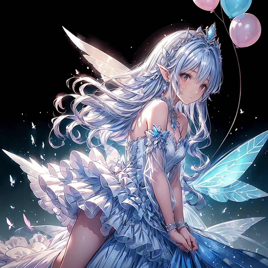 (highest quality, masterpiece, Super detailed, very detailed, exquisite, 16k,Full HD),beautiful face,Pull,golden ratio,dramatic lighting,(pastel colour),smile,playing,A lot of bubbles are floating,floating in the water,soft lighting, ((alone:1.5)),Sea,((whole body)),(fairy princess, purple eyes, long eyelashes,white skin,slim,pale pink plump lips,pale pink cheeks, silver fluffy hair,thin and long,Magic that manipulates water,small fish silhouette,bubble magic,(thin and high nose,small nose),(Huge fairy wings grow from just above her waist.),(diamond and pearl tiara,pearl earrings,pearl necklace),(light blue and white ball gown dress:1.1,dress dissolved in water,pure white lace and frills,pearl),(smile:1.2), (fantasy, romantic atmosphere), magic light,