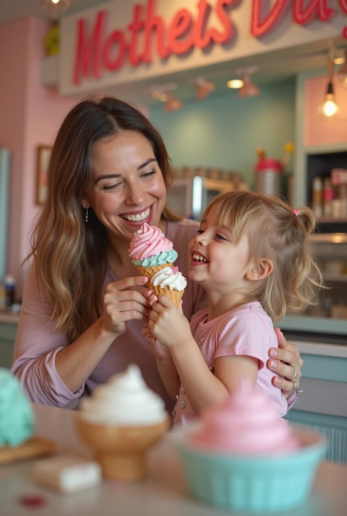 Create a photo of a eating white ice cream with her mother