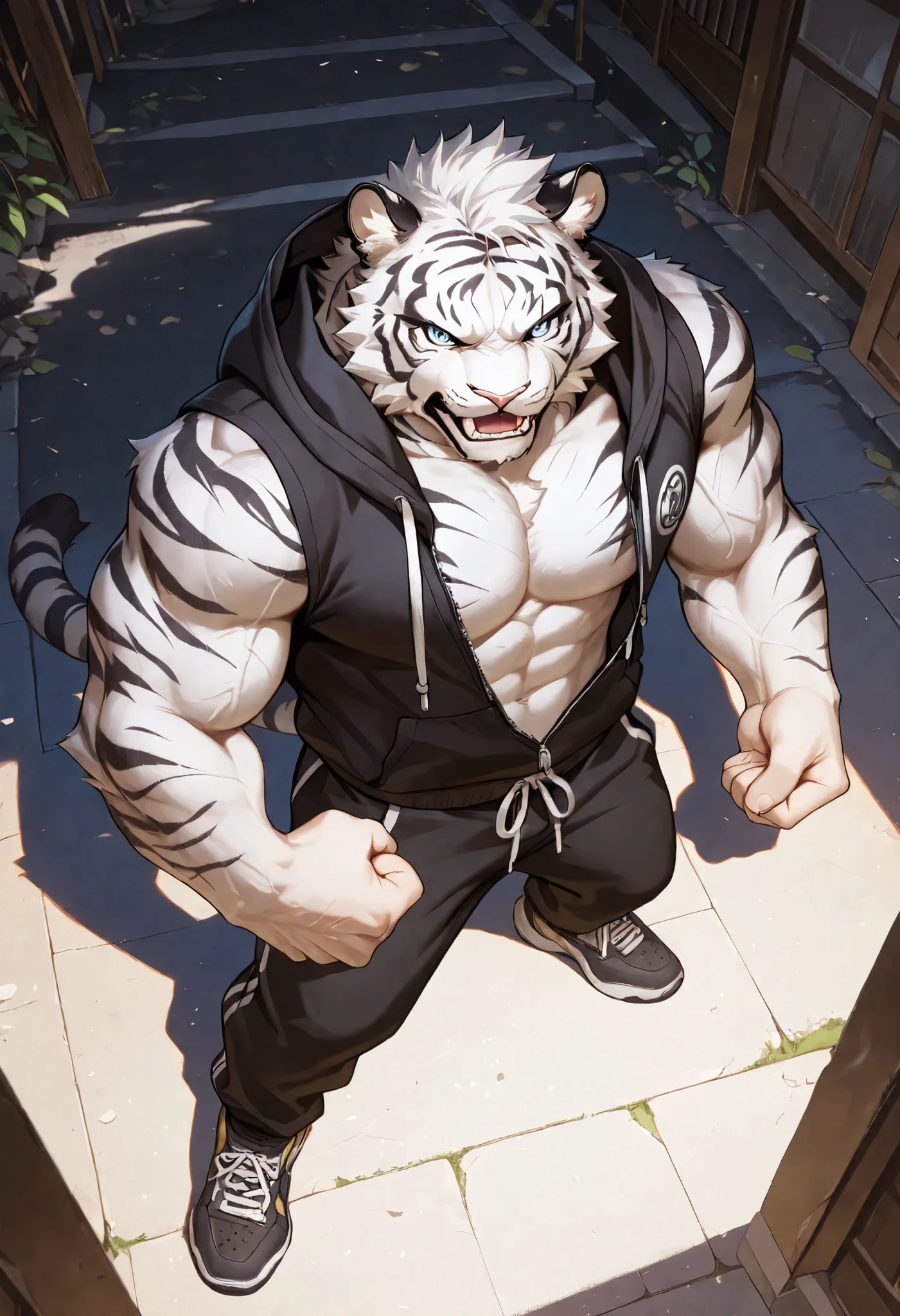 masterpiece, best quality, 8k resolution, Very detailed, hairy,(((Saber-toothed tiger)),(((Mature))),(((middle aged))),(((blush))),portrait,(((red eyes))),(((white hair))),(((Fangs))),(((Shirtless))),(((Strong))),muscle,For the audience,(((shameful))),Highest quality scenes,solitary,solitary,(((Hip bulge))),(((sweat))),((thong)),(((Limb shackles)))),(((Collar))),(shameful),Lying on the floor(((lying down))),(((blush的)))