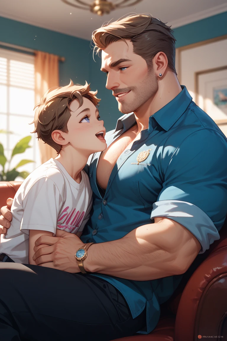 (best quality, highres), 10-year-old boy and his muscular dad naked, have anal sex, standing full body pic, long big fat dick, semen, realistic, detailed faces, warm lighting, cozy living room, eye contact, smiling faces, open body language, emotional connection, family bonding, natural expressions, casual clothing, comfortable atmosphere, furniture, bookshelf, soft carpet, colorful artwork, light streaming through the window, gentle shadows, happy memories, playful interaction, storytelling, laughter, love, generation gap, fatherly advice, shared experiences, deep conversation