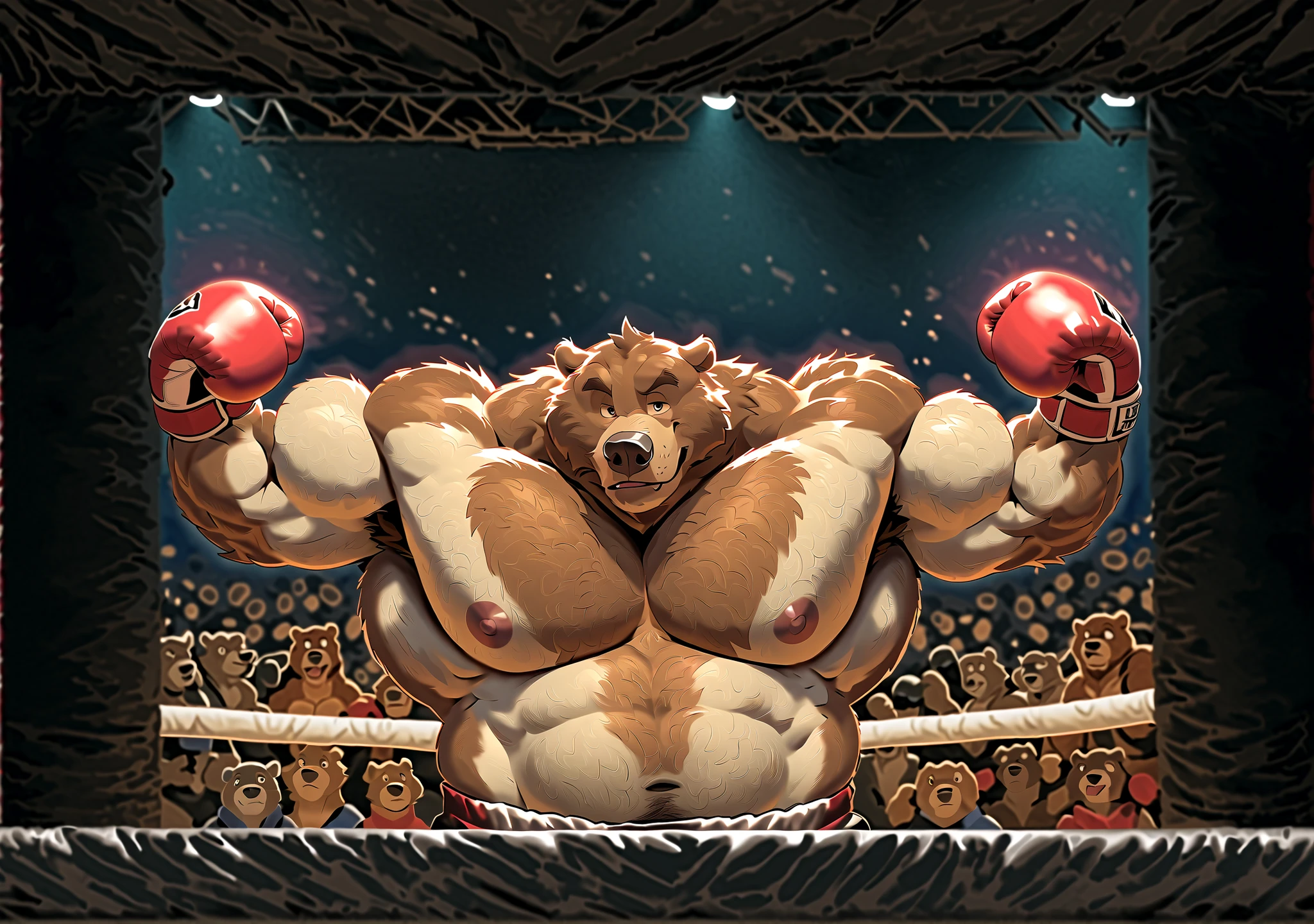 Solo, 1boy, Muscular Old, grunts, focus, look at viewer, wide shoulder, pectoral, thick arms, huge pectoral, wide pectoral, added eyes, height: 220cm (7’8), weight: 270kg (440lbs), a Kodiak brown bear in a black boxing shorts with red waistband, wearing an red boxing gloves, he flexes in the ring, Disney, 8k, masterpiece