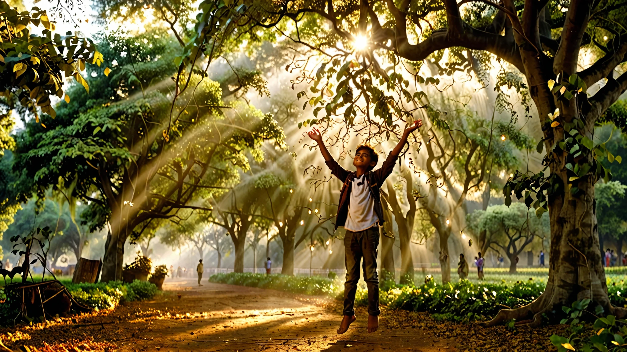 Dynamic photo of Magical musical notes glowing and flowing from the peepal tree's branches, with indian boy Arjun standing underneath, arms slightly outstretched, eyes reflecting amazement", realistic cinematic style, 4k ultra HD quality in 3D