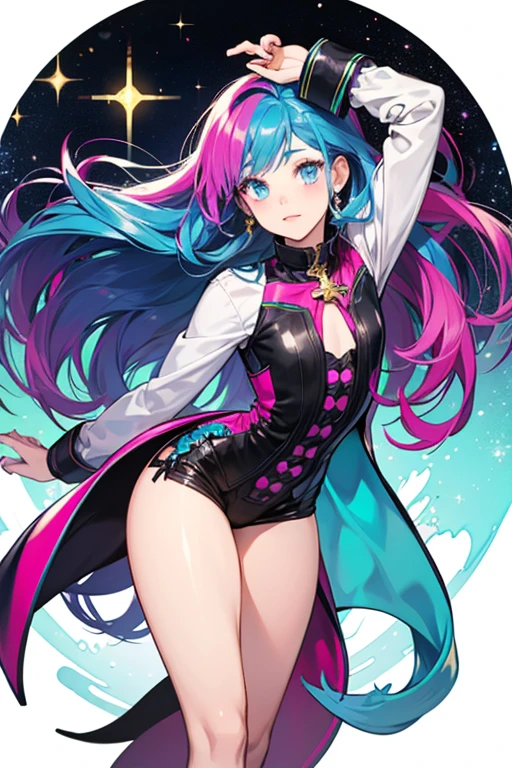 masterpiece, best quality, 8k resolution, sharp focus, intricate detail, a girl with vibrant, multicolored hair, wearing a stylish crop top with a galaxy print, paired with high-waisted denim shorts. She has sparkling blue eyes that seem to reflect the colors of her hair, and she completes her look with a pair of platform sneakers.