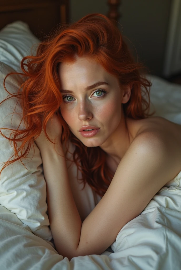 Sexy female lying on bed half naked with long red hair, green eyes 