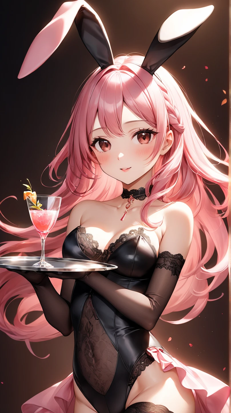 (masterpiece, Very detailed, Exquisite, beautiful, Full HD, High resolution, Absurd), Lilia, A girl with long pink hair, blue eyes, a white dress with black lace, a big pink ribbon on her chest, a white flower hair ornament around her right ear. Drinking a cocktail