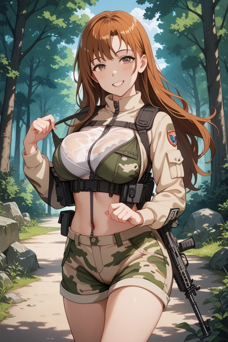 (best quality,Unparalleled masterpiece:1.4),Ultra-detailed CG 4K,brown hair，in the forest，Female soldiers，Dark green combat uniform，high ponytail，commando，goggles， Black loose bikini，black military boots，huge，rendering，huge，squat on the ground