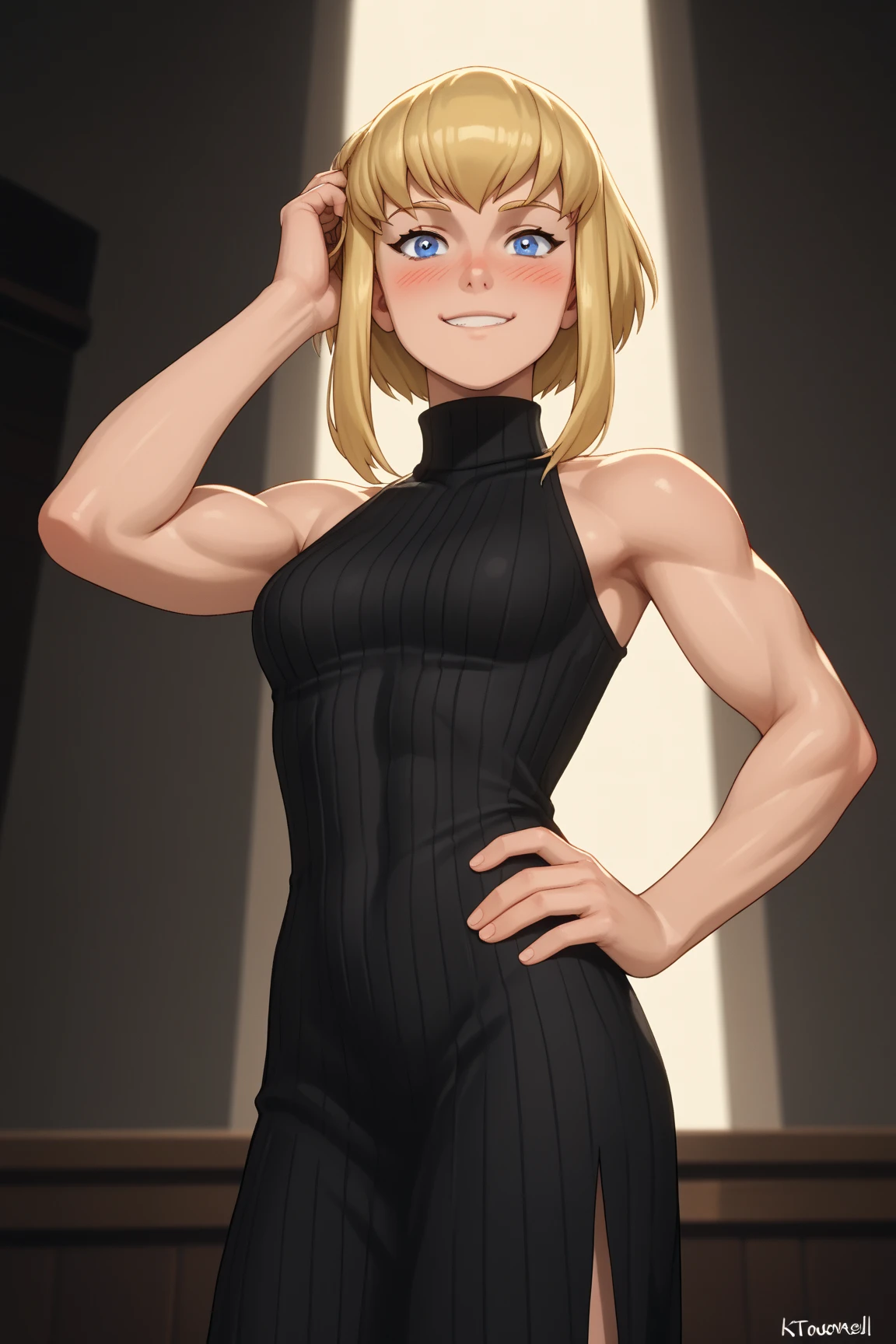 fully body, Hani, blonde, shorth hair, slickedback hair, Caucasian skin, wearing a mini skirt, white top, black tights, smirk on face, , pose sexy, crotch focus