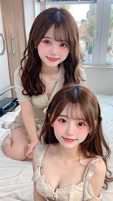 brown hair、Photographed from the front、Brown hair with eyes looking up,、13 year old female、young face、one woman、delicate face、long eyelashes、(brown eyes:1.3)、(flat chest:1.5)、pajamas、Bedroom、angle from above、children's underwear、sweat a lot、open your mouth wide、stick out tongue、crawl on all fours、