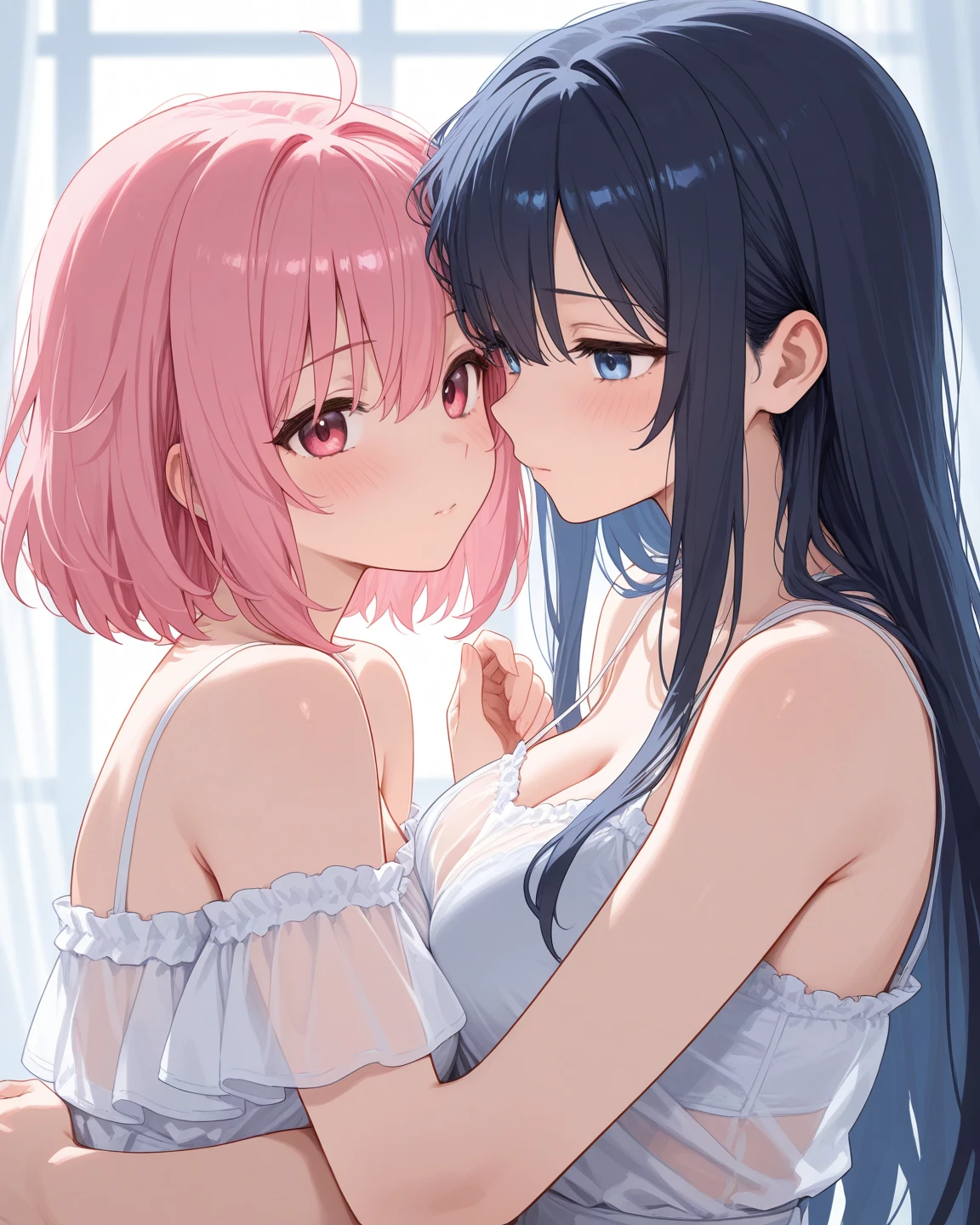 (((masterpiece) (((((Highest quality))))((high resolution))))), Very detailed, Ultra-realistic, )、、locker room、Open shirt、Blue Bra、bluepanties、Pink hair、、、Change of clothes、((Expressionless))、From above.stand、Look away.Yellow Eyes、Gaze Down、Grab your chest、((Two people))、kiss