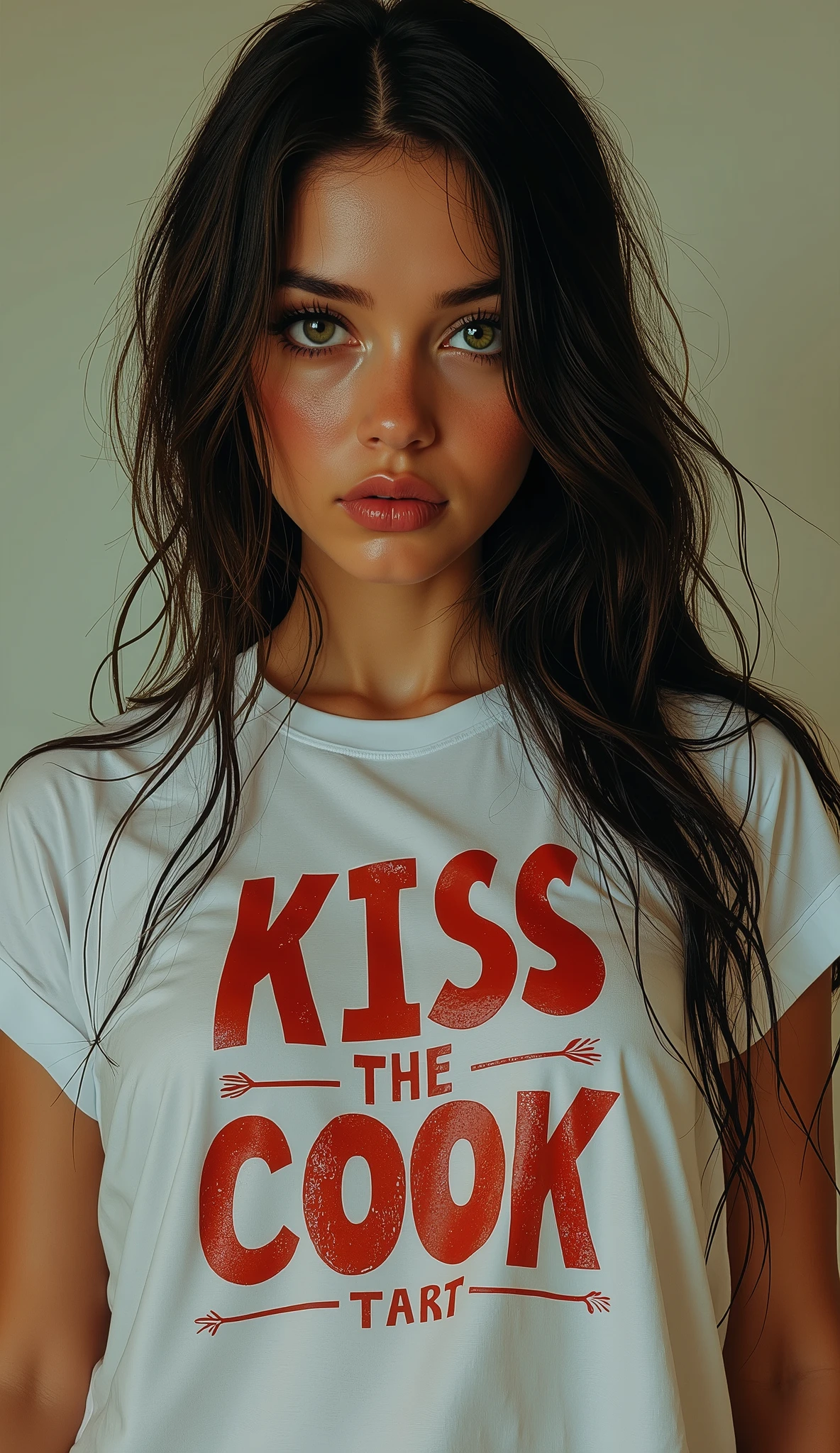 Woman with long hair, big hair, wet white Kissthecook print t-shirt, Eye-catching, Green eyes , Looking at the camera, slightly surprised face , with a look and expression of surprise. Art style of smeglejj