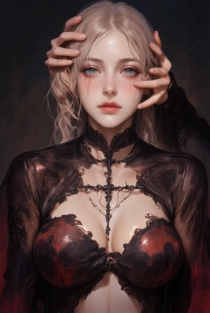 (by Greg Rutkowski: 1.2), (masterpiece), ((best quality)), extremely delicate and beautiful, illustration, highly detailed face and body. {{Cthulhu girl,}} bloody girl, devil's smile, hooded cape, collarbone, ribs, pubic bone, devil's smile, devil's eyes, red eyes, pale skin:1.6,wet oily skin, dark corruption, cool face, HD. elegance. photorealism. Unreal engine. From Brian Froud and Carne Griffiths and Wadim Kashin and John William Waterhouse, 8K post-production, high resolution, hyperdetailed, depth of field, HDR, intricate