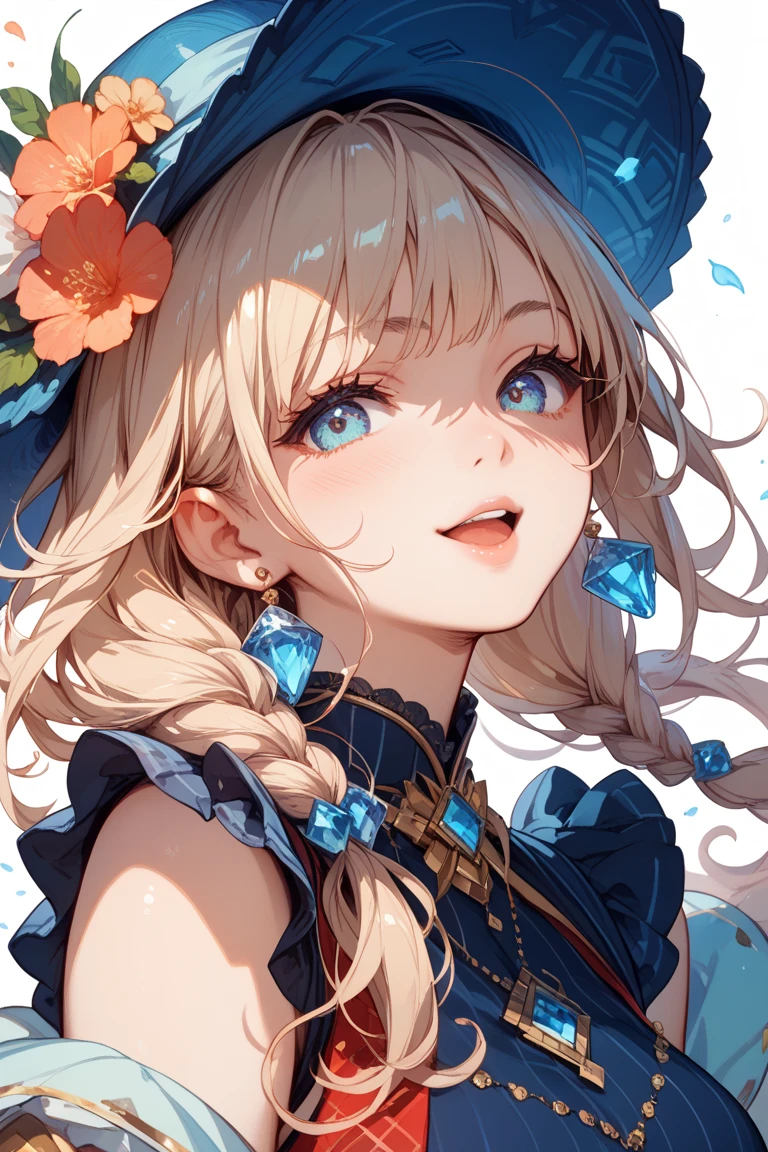 (blonde:1.2),(long hair with curls:1.25),(No bangs:1.25),(A crystal-like clear round gem in the middle of the forehead:1.3),(light pink and blue eyes:1.3),(clergyman:1.3),(White, light blue, blue, and navy blue monastic robes:1.3),(hat with a veil:1.25),(blush:1.2),(small breasts:1.65),(Front perspective:1.5),(A sphere like a crystal ball:1.45),(Luxury rainbow-colored frame arcana card motif:1.6),(Smile slightly:1.3),(NSFW:1.2)