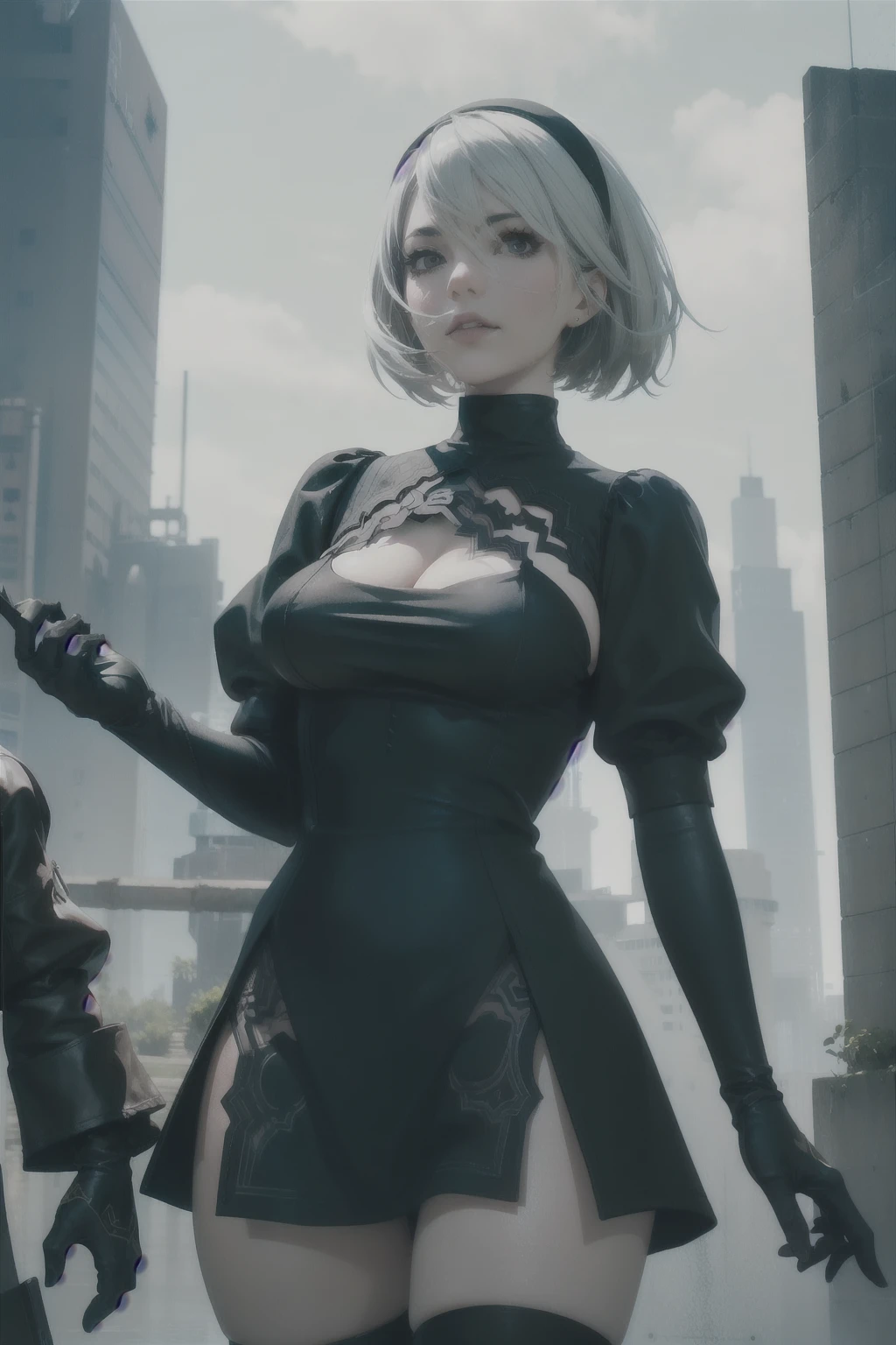 Yorha, beautiful android girl, white hair, black dress, detailed face, detailed eyes, detailed lips, extremely detailed, high quality, digital art, hyper detailed, cinematic lighting, dramatic shadows, dramatic colors, sci-fi, futuristic, dystopian, intricate details, photorealistic, 8k, best quality, huge breasts, upon body from head to thigh