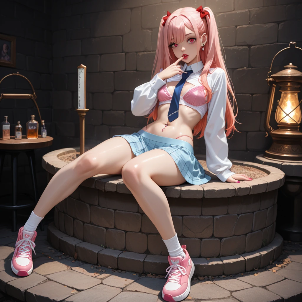 Young Latina ((Ultra-realistic:1.2)), Wearing a navy blue lab coat and light pink pants, she is smiling broadly.., Very bright bathroom, (near), Bring your face closer, Digital single-lens reflex camera, 100mm