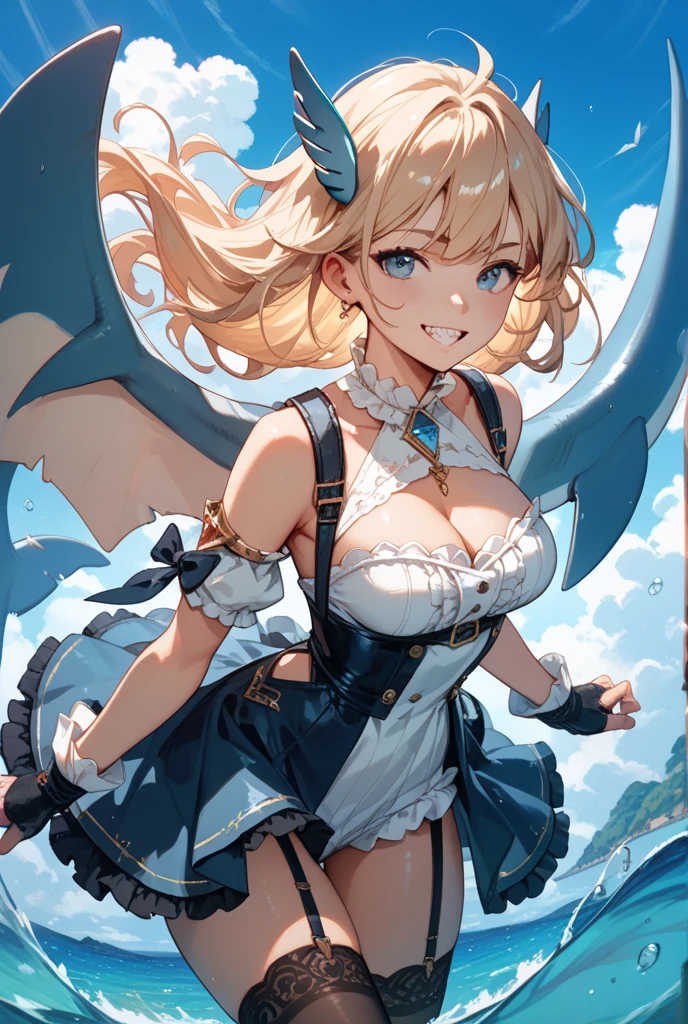 (masterpiece, best quality:1.2), 1girl, solo, blond hair, blue hairband, blue hair ribbon on the left, white-blue bra, black gloves, knight skirt, gray background