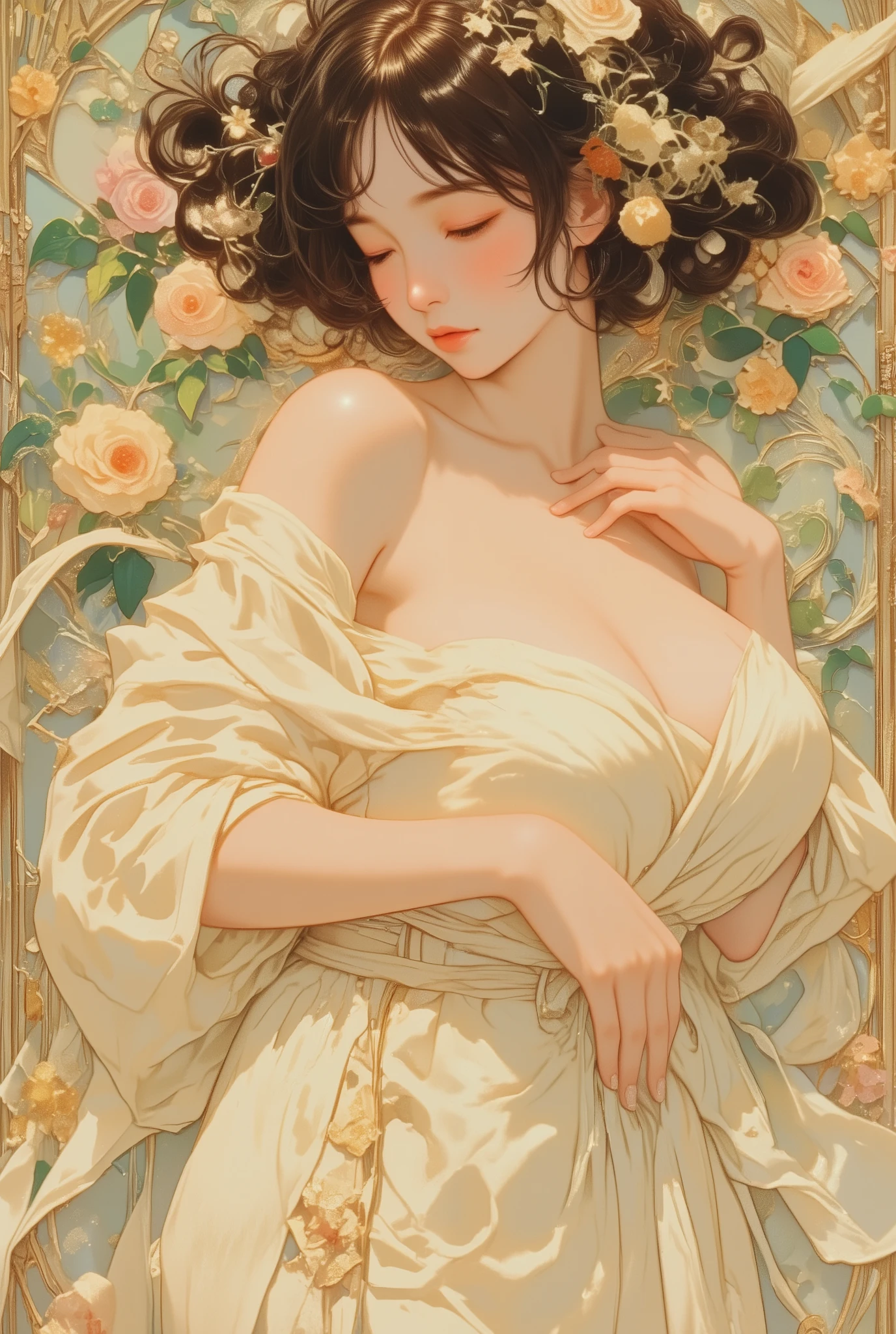 Detailed Background,Art Deco,Beautiful landscape painting,Botanical Art,Flower Art,(Floral:1.2), (masterpiece, Highest quality),Vibrant colors,colorful, Highest quality, Amazing details, Anatomically correct, Line art, Written boundary depth,Flat Shading,Bokeh, woman、、Black Hair、 whole body、Showing off pussy、 Sit with your legs apart:1.5、Showing pussy、sexy、Passionate、Stretch your legs、(Thighs)、(Small breasts)、Slim style、(barefoot)、 Mucha style、Ukiyo-e style、Looking up at the camera、Browsing Caution