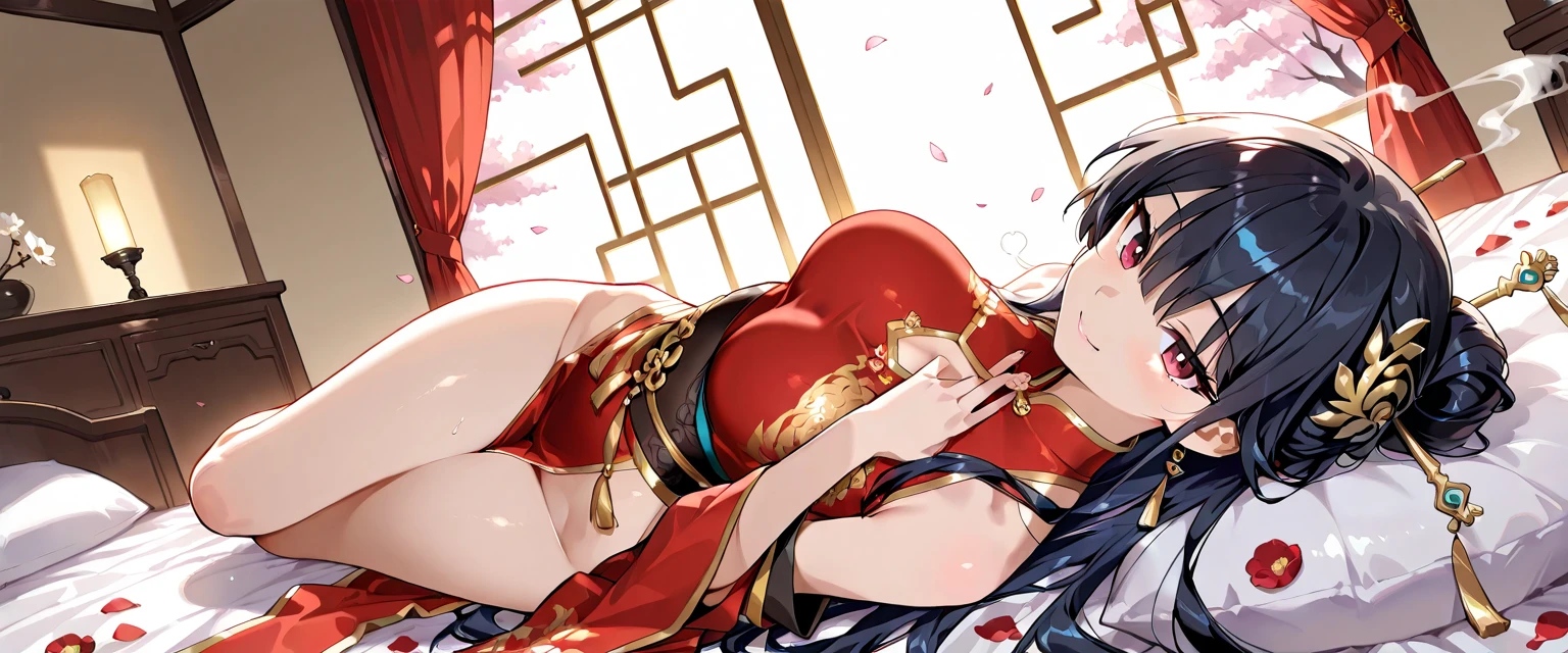masterpiece、highest quality、1girl , solo , huge breasts、deep cleavage、light green hair、ponytail、brightly colored eyes、red eyes、black glasses、japanese green kimono、long hakama、flashy necklace、charm、Wet、face turns red, very sweaty, dynamic pose、Lying on the futon、Headphones worn around the neck、flashy hair ornament、mesugaki、shrine
