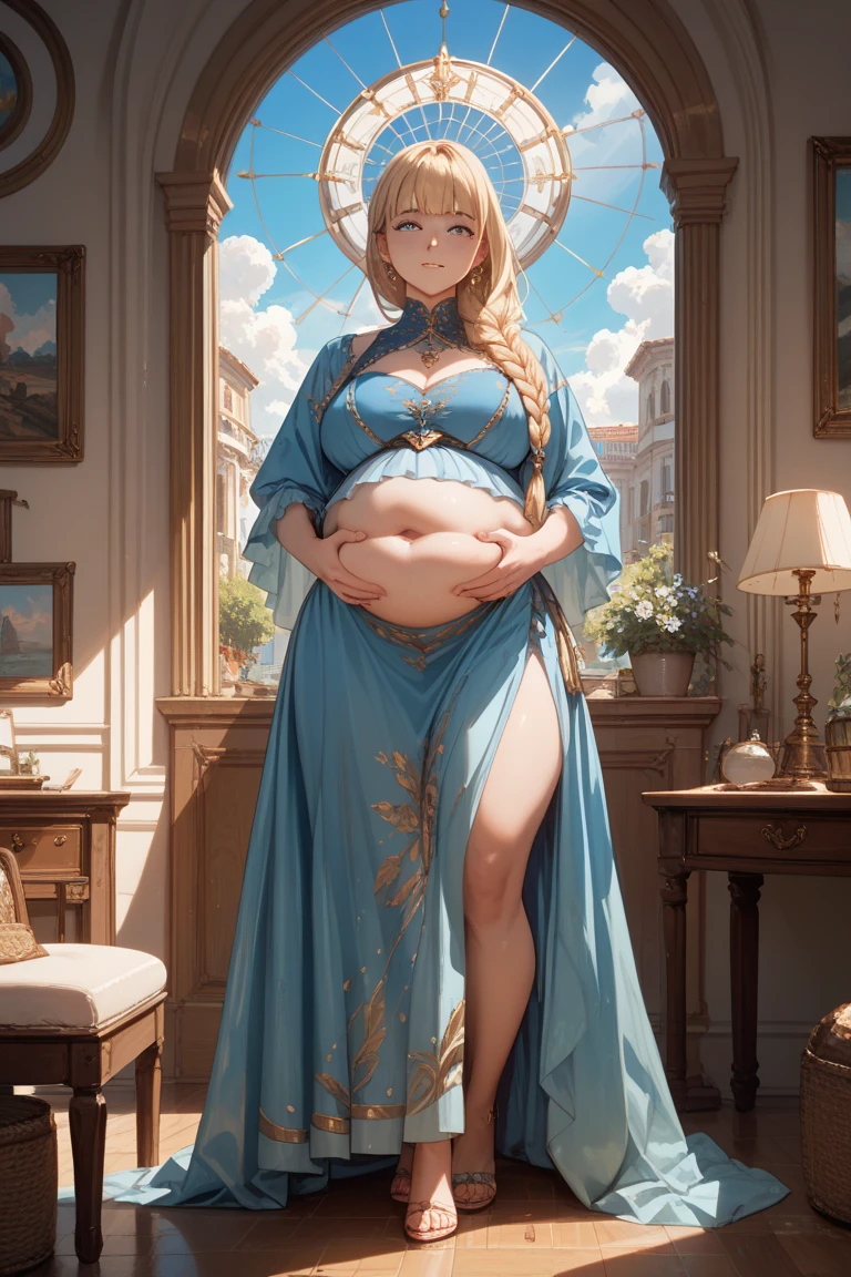(beautifull lady with gigantic breastmilk, wear detail luxury blue hijab, big pregnant belly, elegantly sit on luxury chair, (hand under luxury pillow), (luxury blanket), (window with luxury frame), (luxury flower vase), (luxury small table and glass of wine), (luxury lamp), (luxury parfume bottle), (luxury ornament on the wall), (blue strapless bra), (luxury kimono), (detail luxury garter belt), (luxury stocking), (luxury high heels), (luxury crown), (show cleaveage), (show underboobs) , (show sideboobs), (show thigh), (underboobs ornament), (luxury chest ornament), (luxury arm ornament), (luxury hips ornament), (gigantic breastmilk:1,9), beautifull face, beautifull eyes, beautifull nose, sexy lips, raytracing, nsfw, beautifull fingers, beautifull hands, sexy belly, sexy body, sexy shoulders, sexy legs, sexy hips, (luxury bracelet), (luxury ring), (luxury necklace), white skin, (4 fingers in 1 hand), full body picture, pretty makeup, good lighting, realistic shadow, professional photography, blue and gold color scheme, 4k resolution, perfect anatomy, nsfw