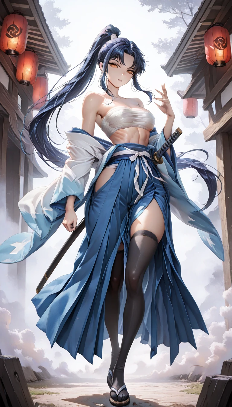 Beautiful woman with aqua blue hair and antlers,White Kimono,Bare waist,Abdominal muscles,Bare arms,cleavage,Long skirt,Straw sandals,Samurai sword,Cave,forest