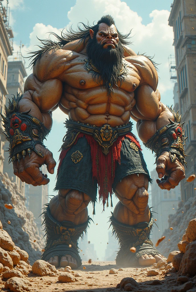 A gaint scary man with big beard and some blood on body and pharsa on his hand on indian street